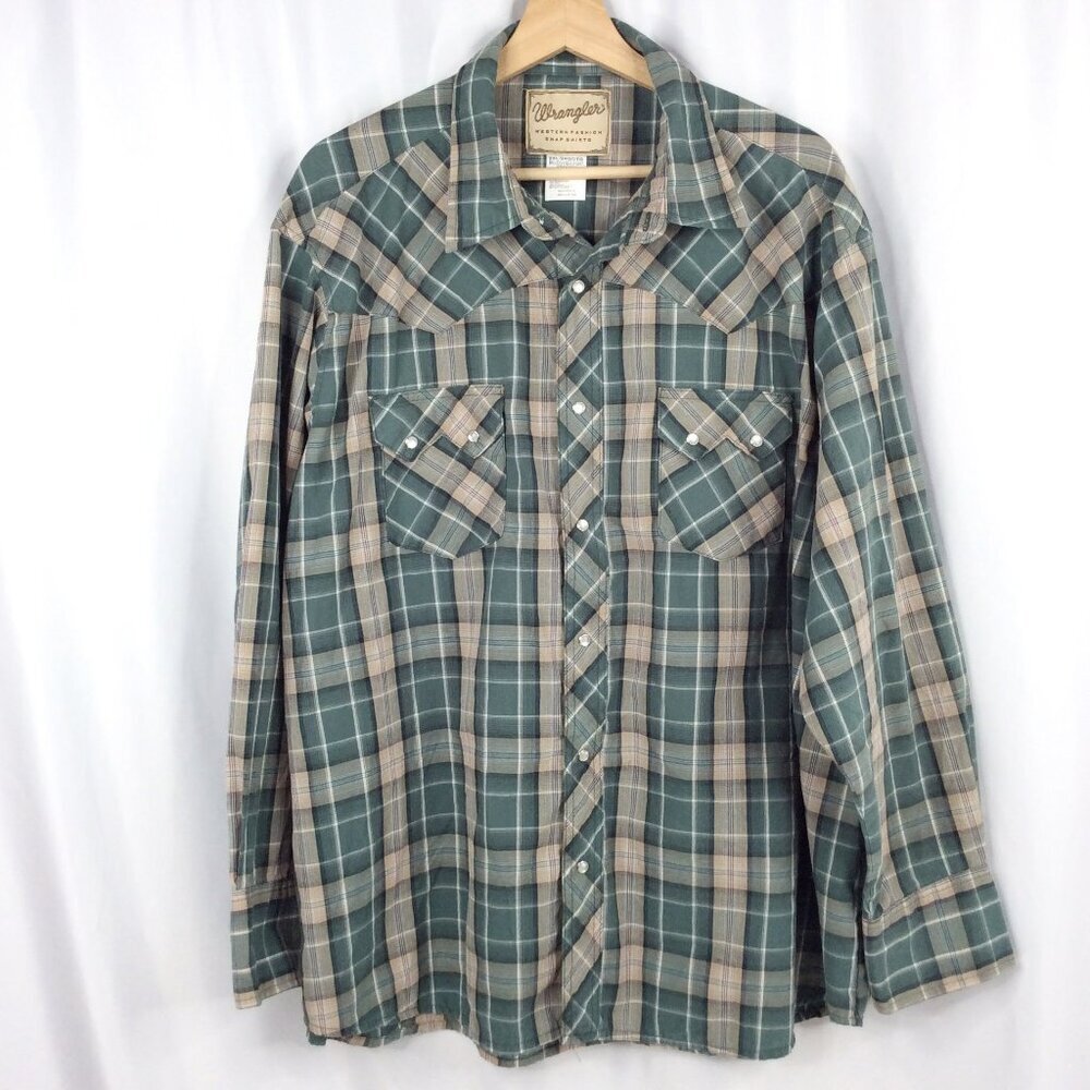 Wrangler Western Pearl Snap Plaid Shirt Mens Size 2XL Green Beige Cowboy